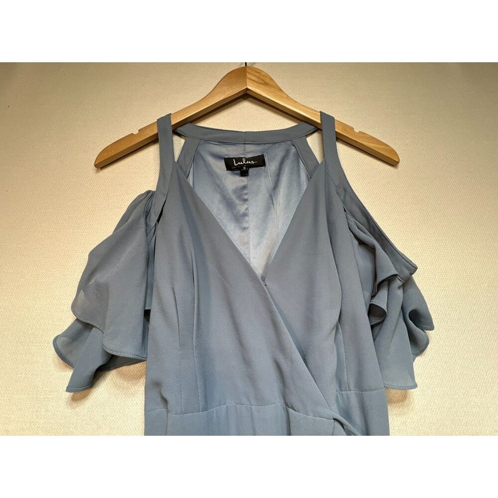 Lulus Womens Wrap V Neck Maxi Dress Short Sleeve Cold Shoulder Size S Dusty Blue - Picture 5 of 12